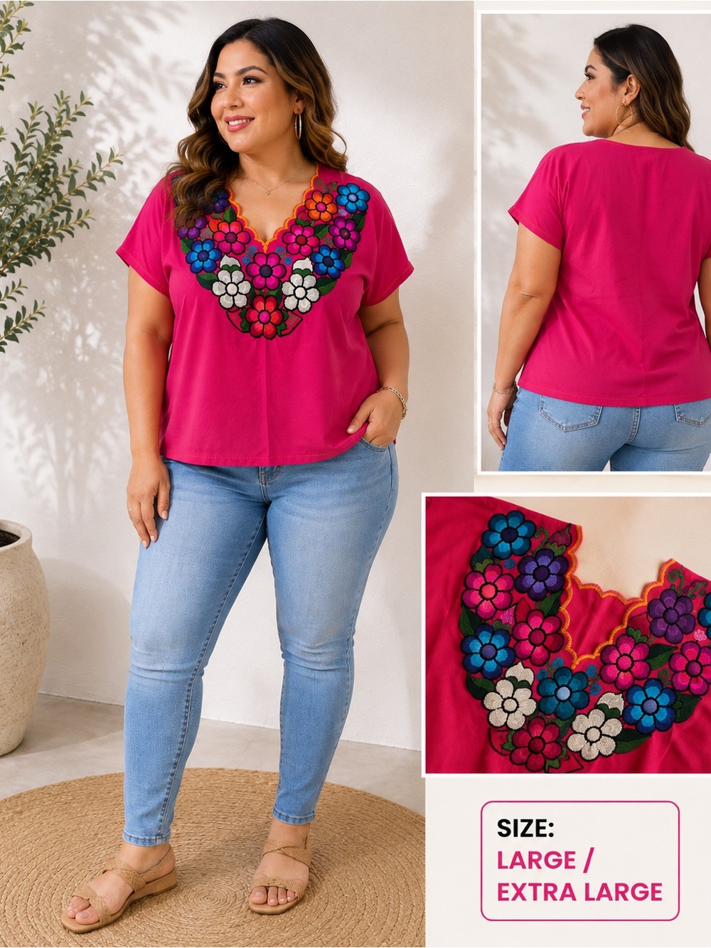 MEXICANA Hot Pink V-Neck Embroidered Floral Blouse